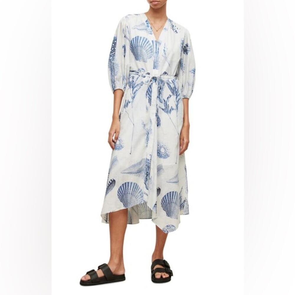 Allsaints Dalia Oceano Cotton Midi Dress in Blue Seashell Size 10